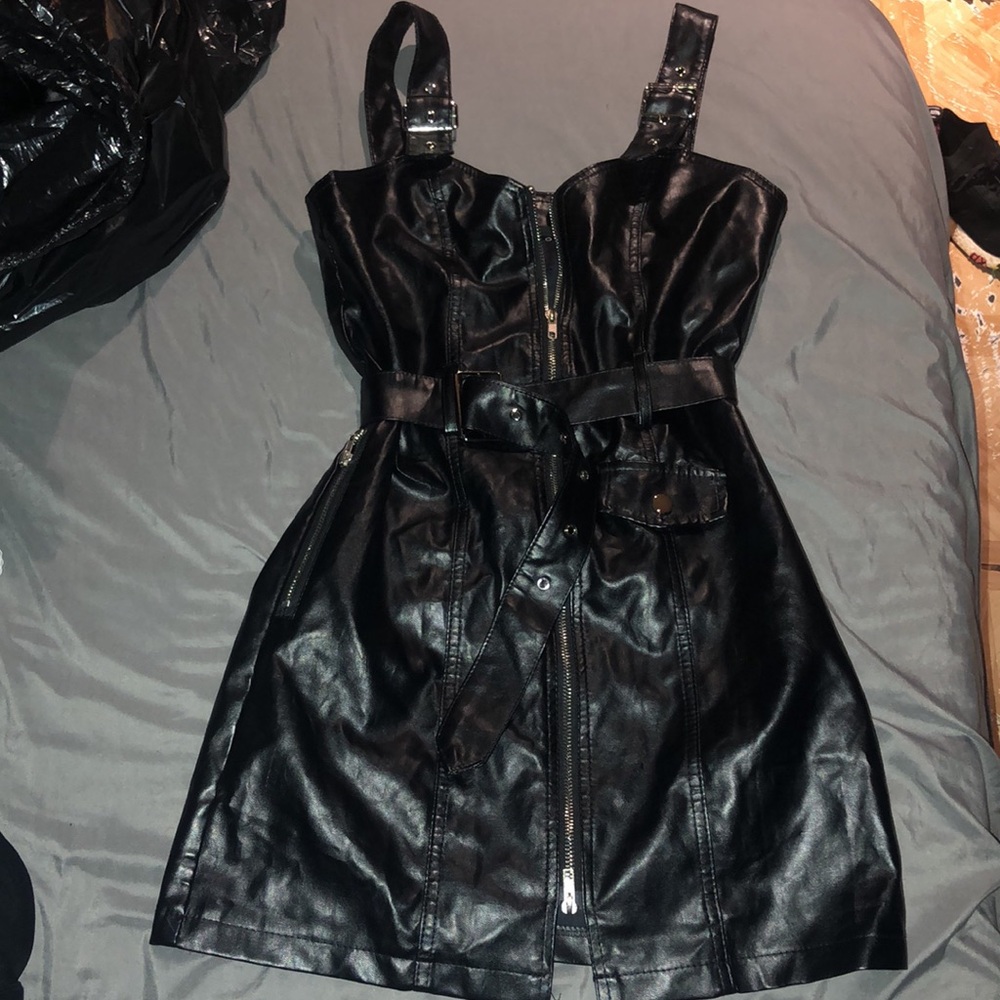 Black Faux Leather Dress with Belt